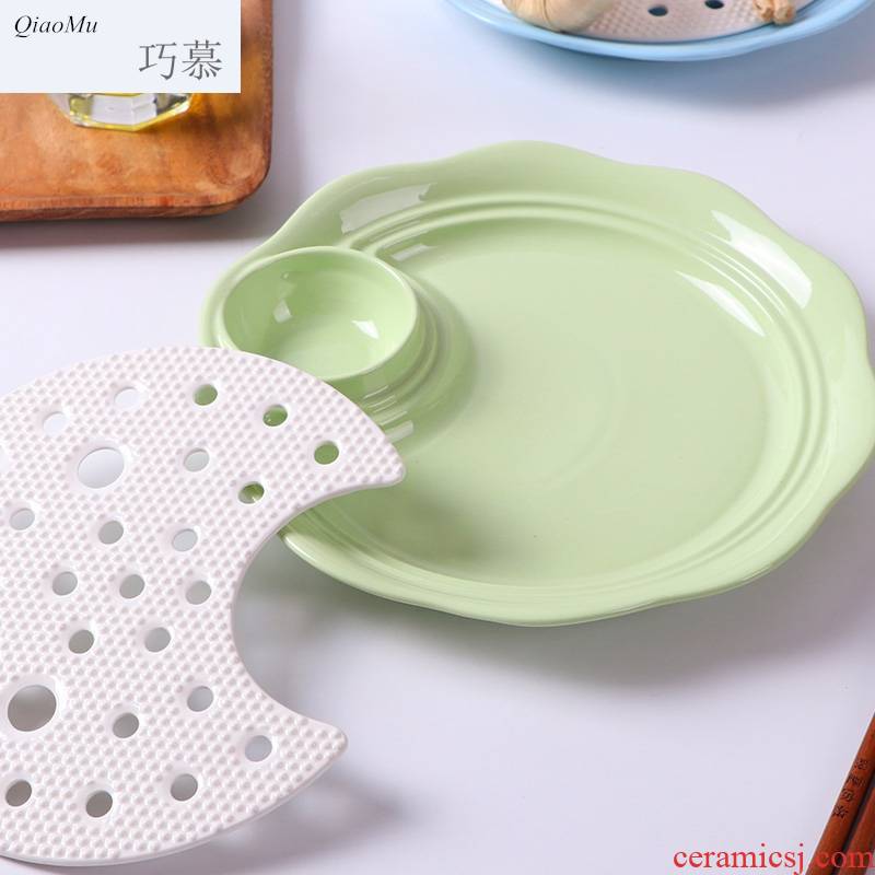 Qiao mu ceramic double disk circular household dumpling dish drop large dumpling dish 10 inches with vinegar dish of steaming water