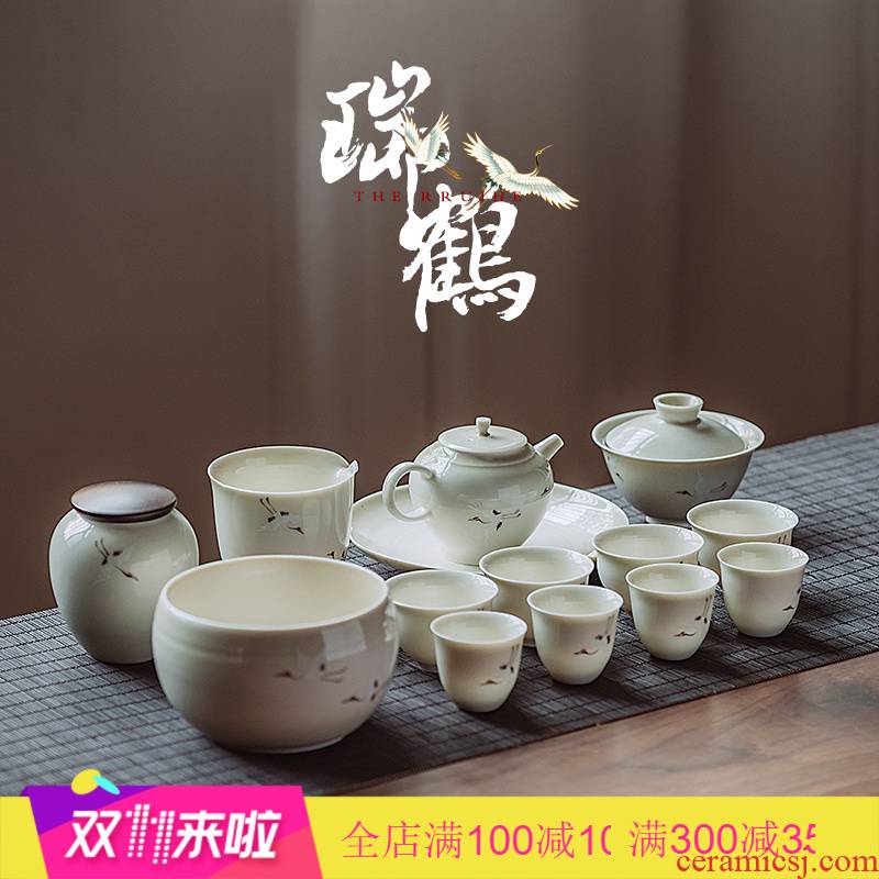 The Poly real scene set of jingdezhen hand - made rui crane figure plant ash tea tureen manual kung fu tea set