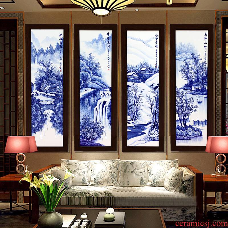 Hand - made ceramic painting jingdezhen blue and white porcelain of chun xiaqiu winter hang a picture to the sitting room four screen adornment porcelain plate painting background