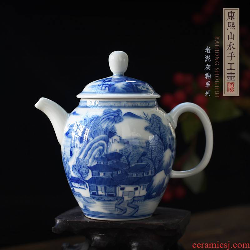 Hundred hong antique hand - made kangxi landscape manual teapot jingdezhen blue and white porcelain tea set ceramic teapot single pot