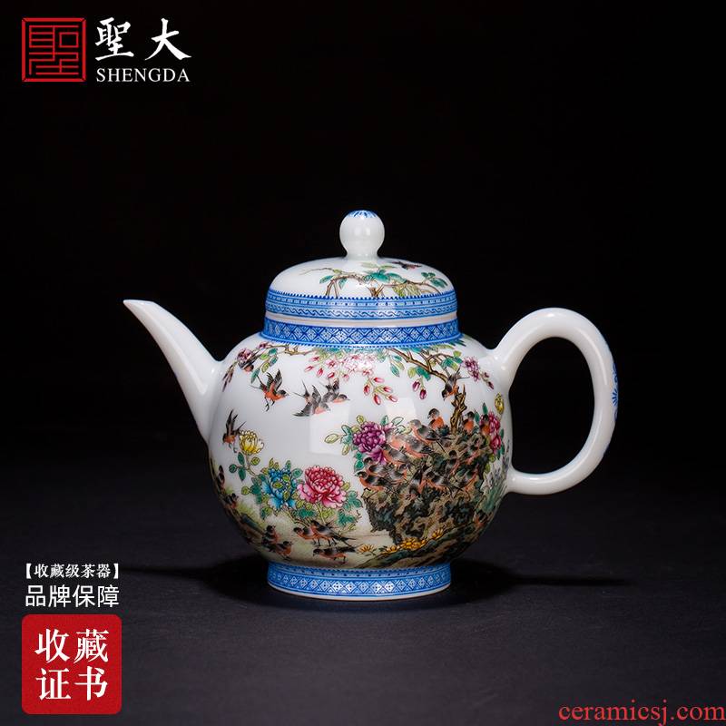 Santa jingdezhen ceramic hand - made heavy industry famille rose in the spring of singing teapot all hand kung fu tea flower pot