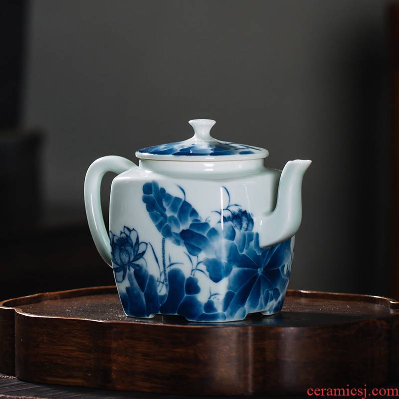 The Owl up jingdezhen blue and white square sketch pot of checking ceramic kung fu tea teapot hand - made antique green glaze