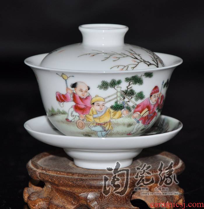 Flooded, jingdezhen famous Jin Hongxia hand - made famille rose porcelain tea set little tureen three cup"