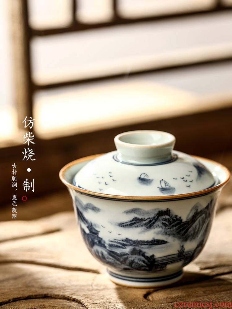 Pure manual tureen jingdezhen porcelain cups a single hot tea bowl hand - made landscape ceramic kunfu tea tea set