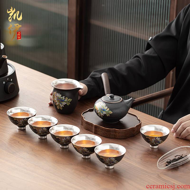 Steak tasted silver gilding side put the pot of kung fu tea set jingdezhen ceramic sample tea cup silver cup tea tea set
