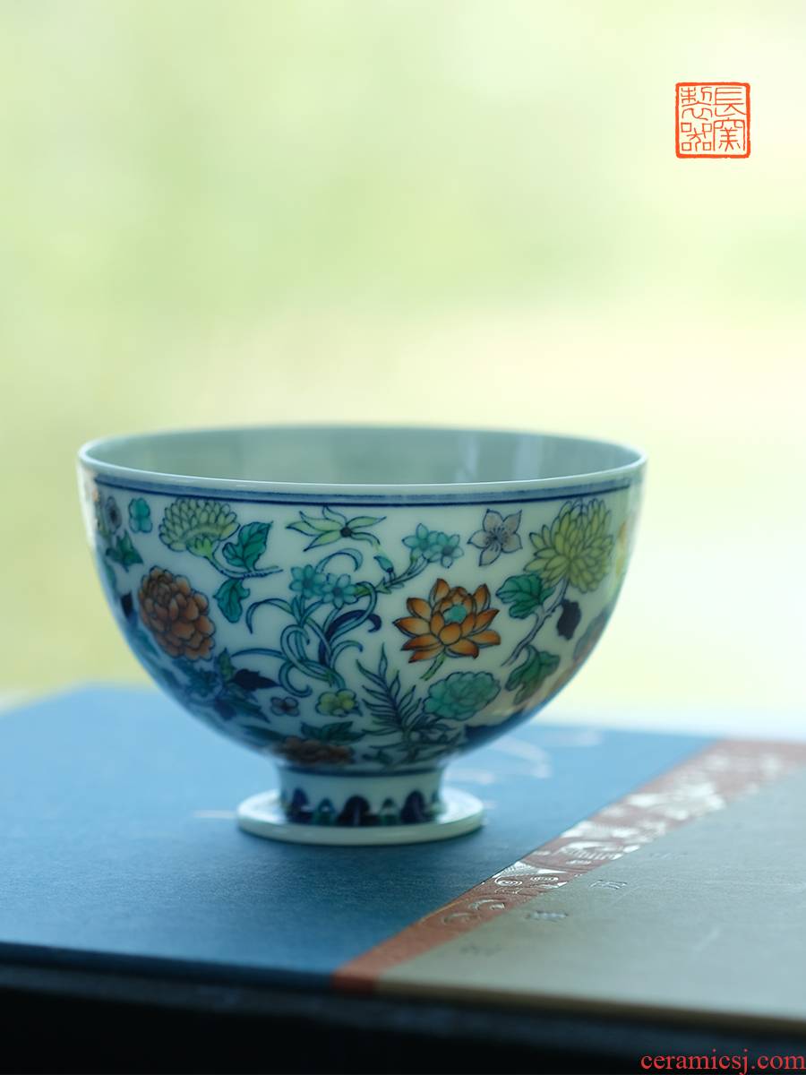 Long up controller hand - made color bucket peony flowers best cup of jingdezhen ceramics by hand, a single tea cups