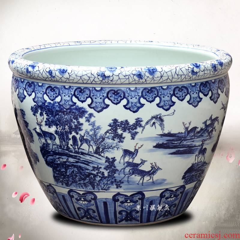 Jingdezhen blue and white porcelain jar ceramic cylinder goldfish bowl water lily LuHe with lotus spring wind tank is suing water tanks