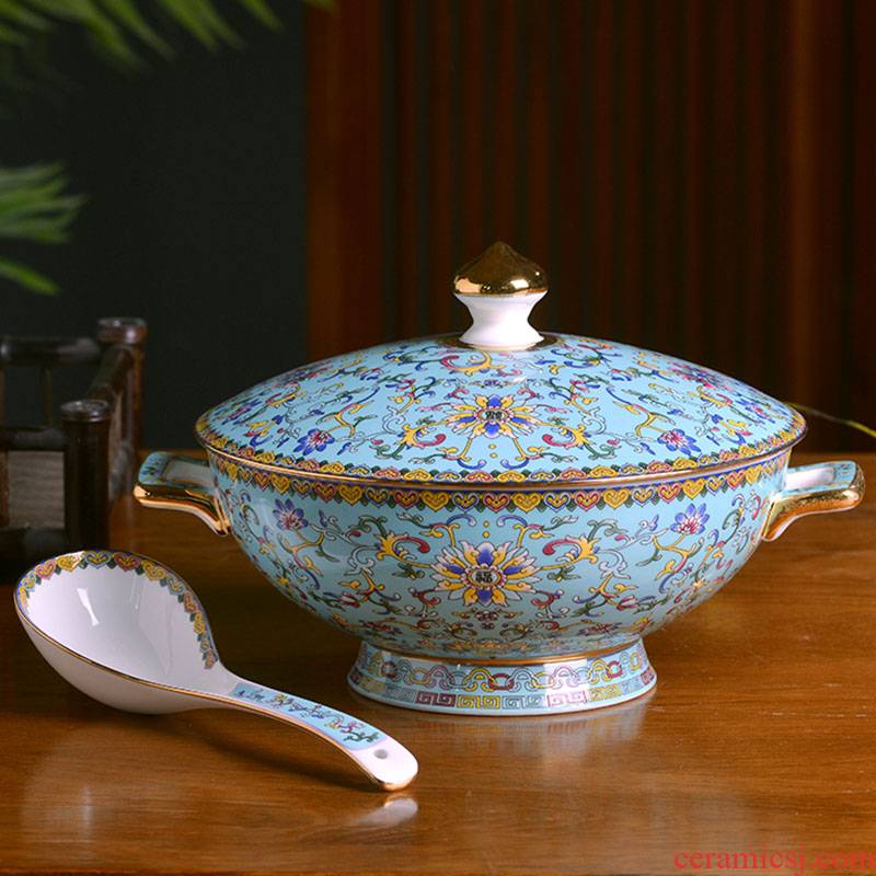 Jingdezhen porcelain enamel color big bowl of Chinese style household ipads porcelain tableware bowls of soup bowl with cover large capacity pot with ears