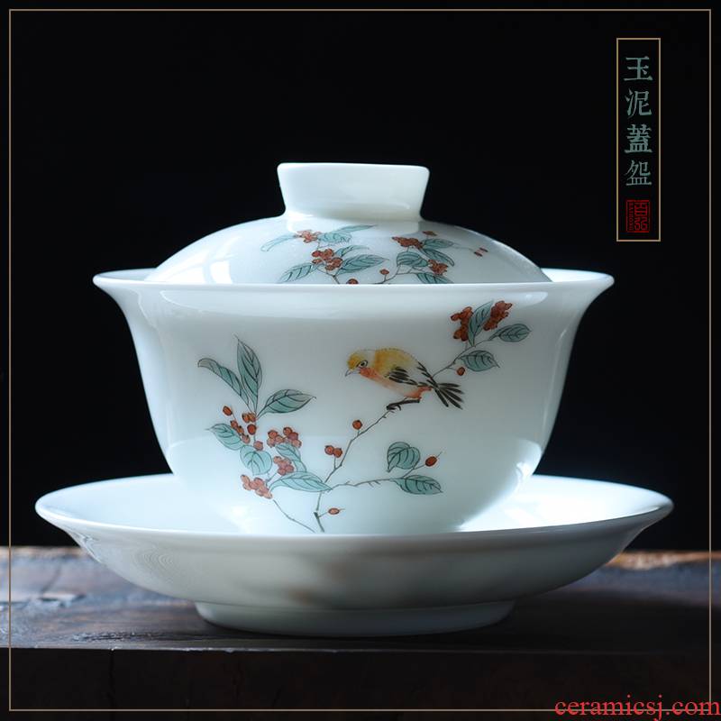 Jingdezhen hand - made tureen large new cups color cherry orchid flowers and birds kung fu tea set ceramic cup bowl three