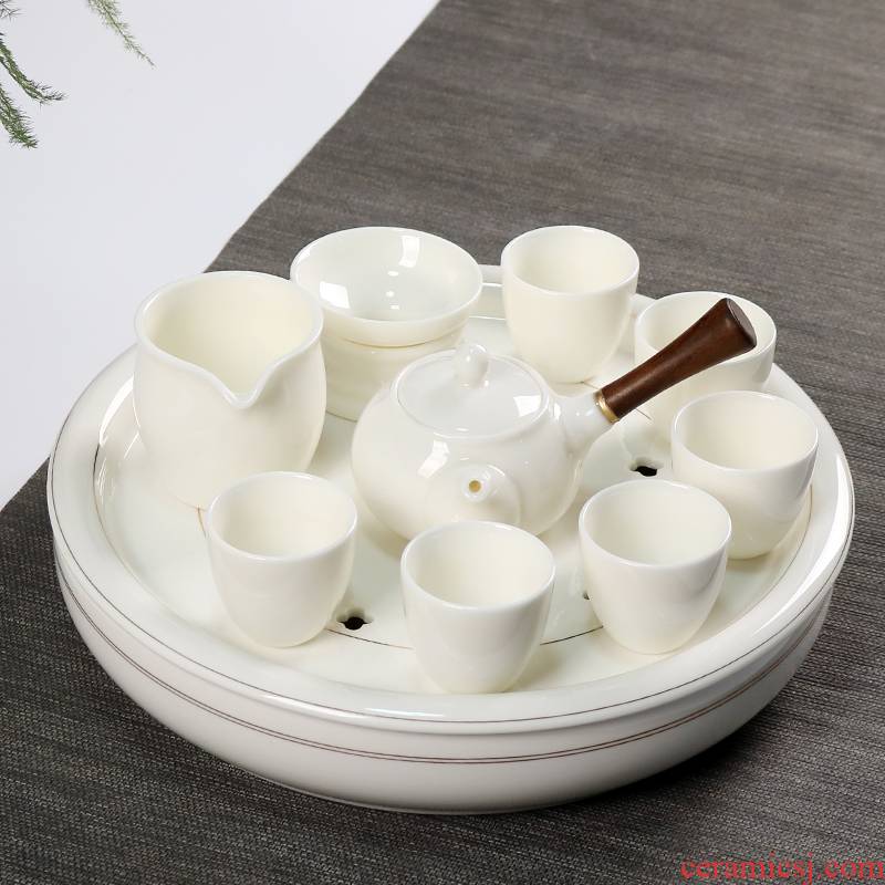 Dehua suet white porcelain tea set suit modern household contracted sitting room kung fu tea tureen with pure white tea tray