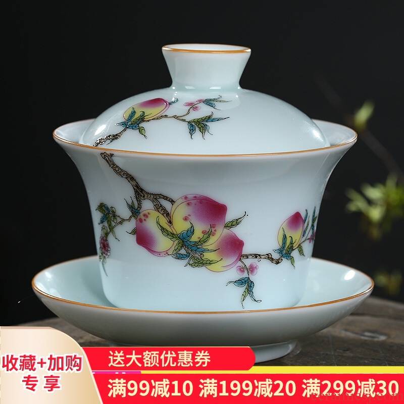 Poly real scene of jingdezhen ceramic tea set tureen tea cups three of the bowl bowl pastel shade celadon medium bowl of tea machine work