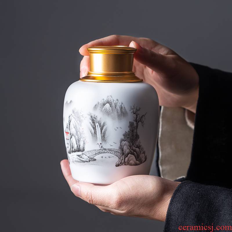 Pu 'er tea canister jingdezhen ceramic metal portable household celadon tea tea warehouse seal pot large pot