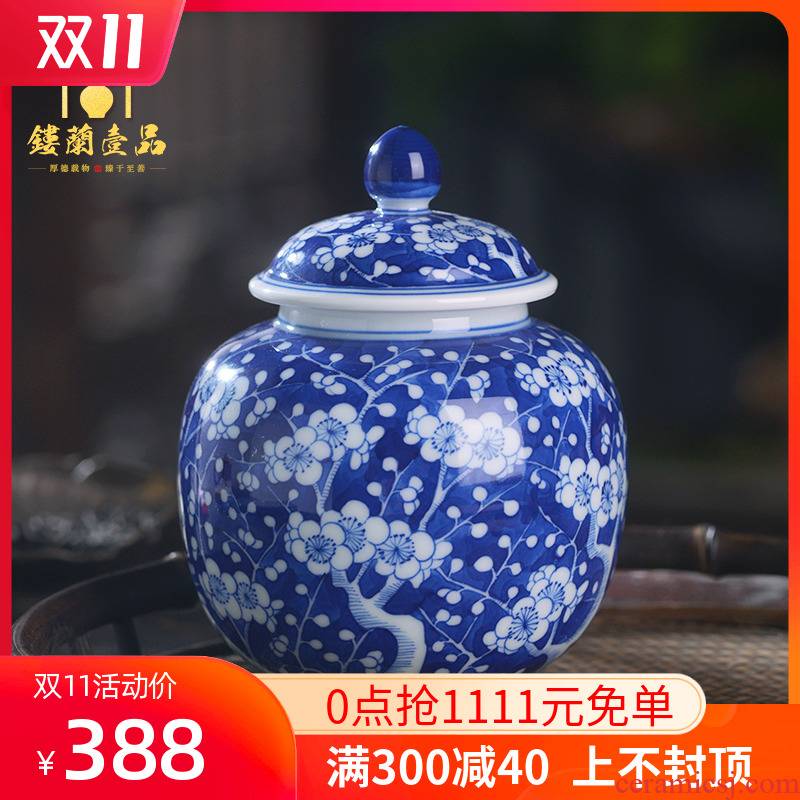 All hand - made ceramics jingdezhen blue and white ice may caddy fixings storage tanks kung fu tea set cover pot seal tea warehouse