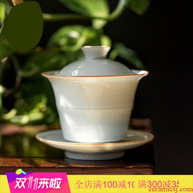 . Poly real scene sweet white sweet pea green waist line jade craft porcelain only three tureen jingdezhen kung fu tea set with cover cup