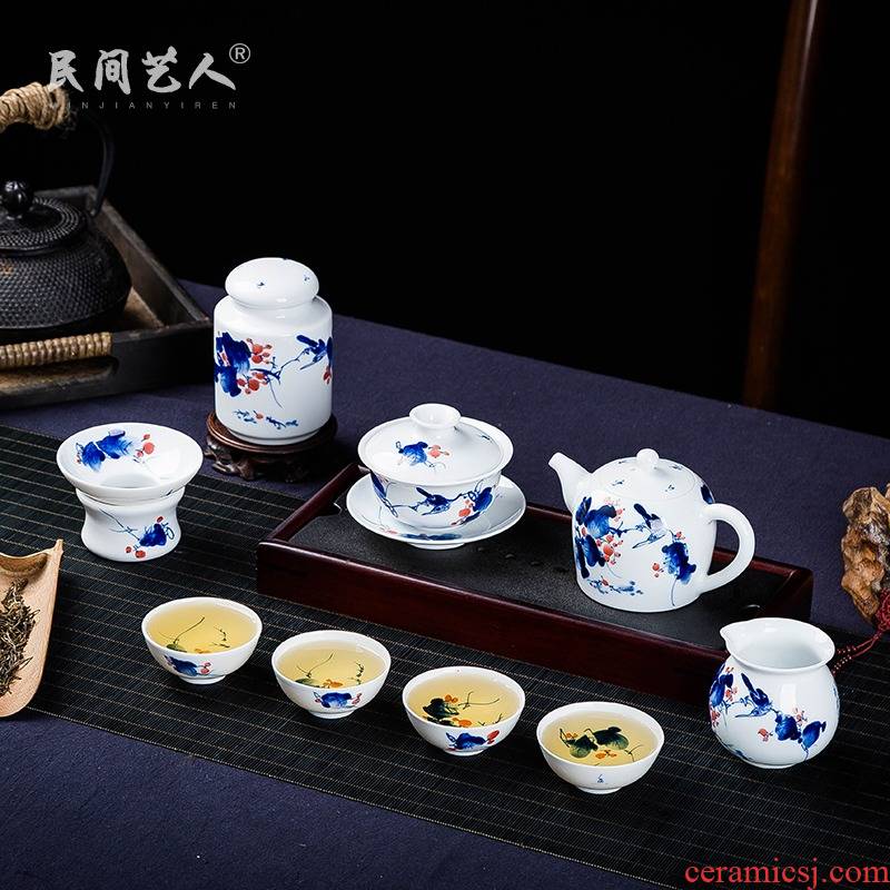 Blue and white kung fu tea tea ware domestic tea taking item teapot teacup tureen tea filter high - white hand - made