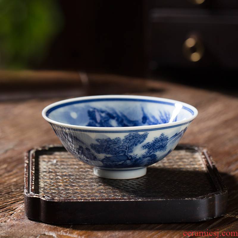 Owl up jingdezhen blue and white landscape cup drawing hat to maintain tea cup kongfu master cup single CPU