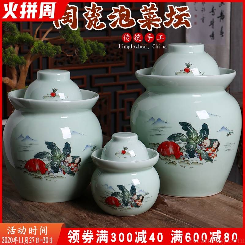Jingdezhen ceramic household pickle jar thickening old pickles preserved salted duck dense eggs cylinder double cover seal storage tank