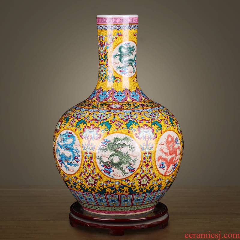 Jingdezhen ceramics large vases, new Chinese style living room colored enamel furnishing articles lucky bamboo flower arranging, home decoration