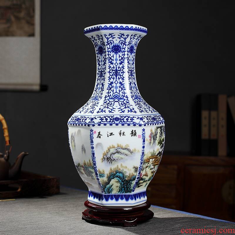 Archaize ceramic vase furnishing articles furnishing articles the six - party bottles of jingdezhen blue and white porcelain is Chinese style living room flower arranging decorative arts and crafts