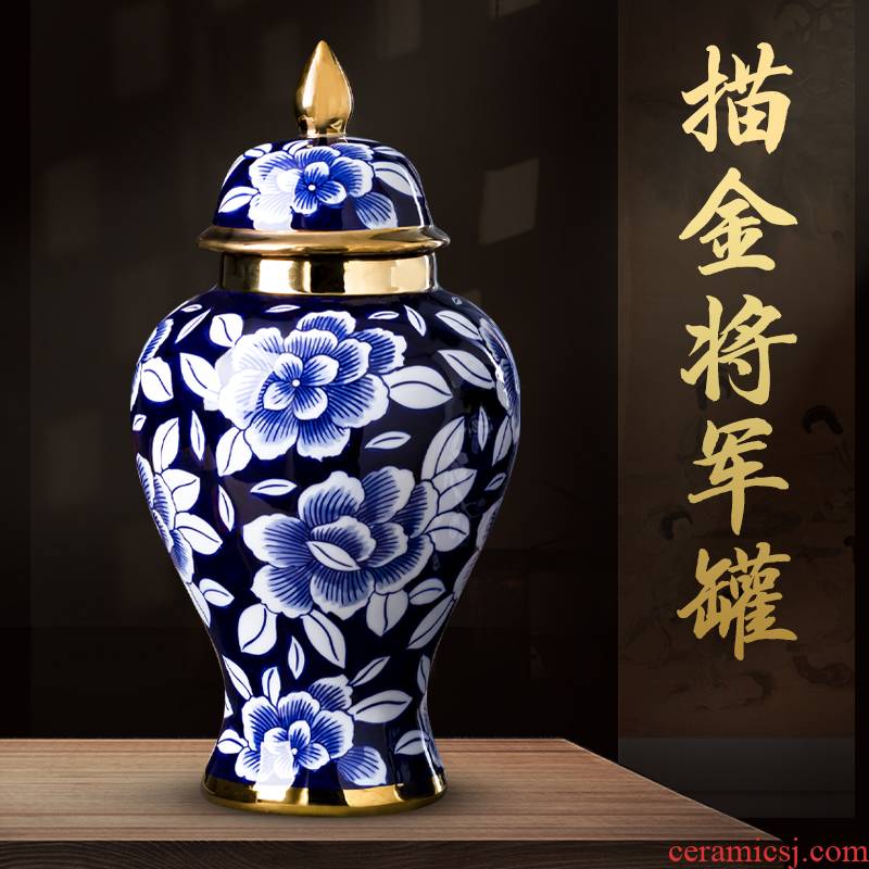 Jingdezhen chinaware paint the general pot of blue and white porcelain vase furnishing articles of new Chinese style living room home decoration process