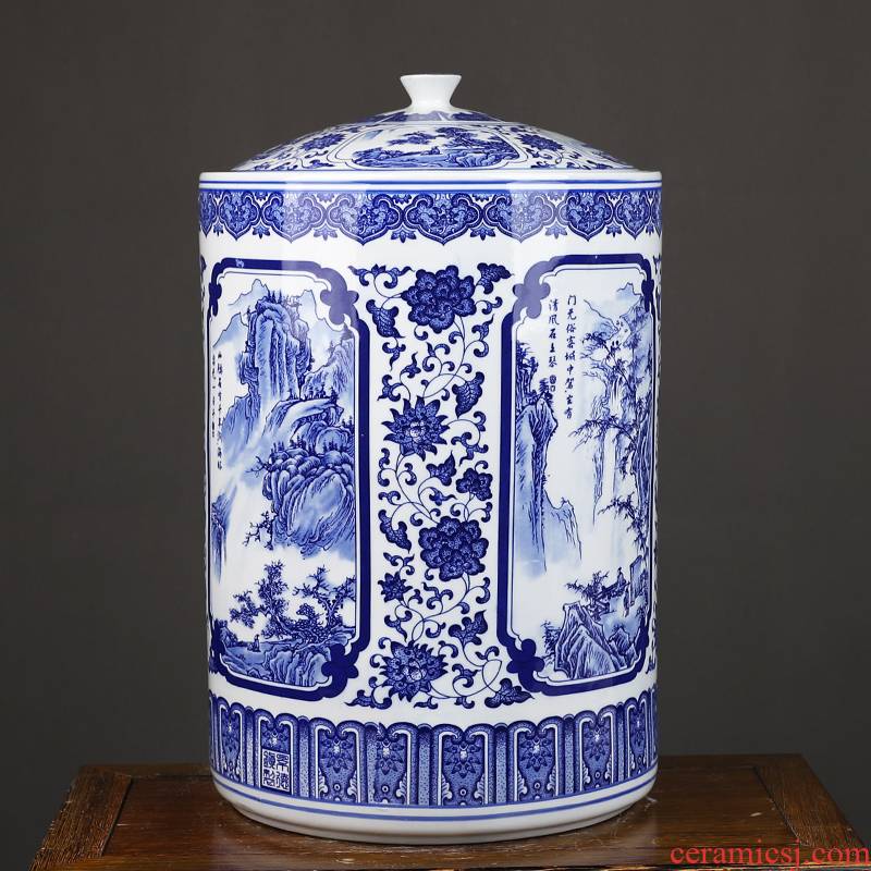 Jingdezhen ceramic barrel 50 kg of straight cylinder caddy fixings household seal storage jar airtight storage tea urn
