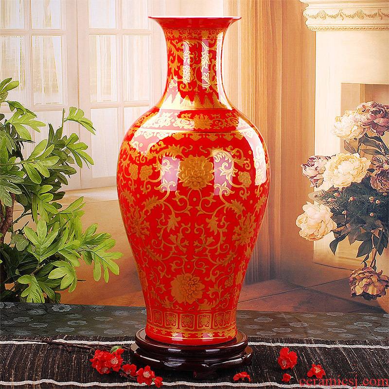 092 large Chinese jingdezhen ceramics red paint vase wedding gifts home handicraft furnishing articles