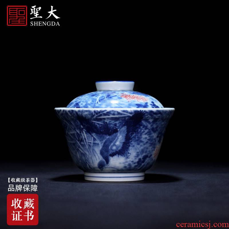 The large ceramic three tureen tea bowl of pure hand - made figure tureen jingdezhen blue and white LuYan tea set manually by hand