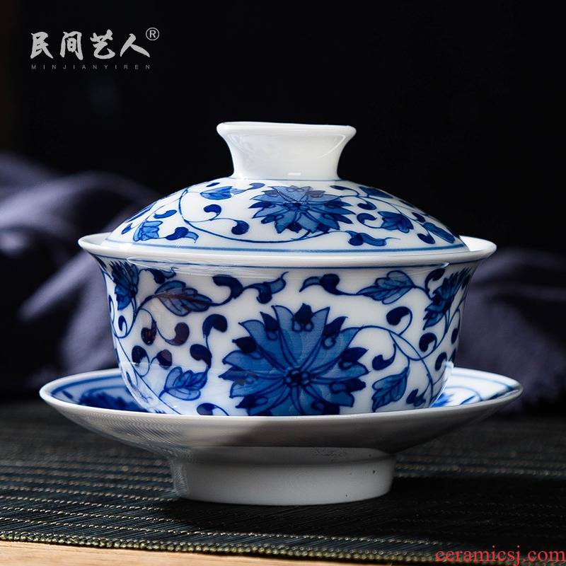 Manual hand - made bound branch lotus tureen tea jingdezhen blue and white ceramics kung fu tea set three bowl of tea bowl