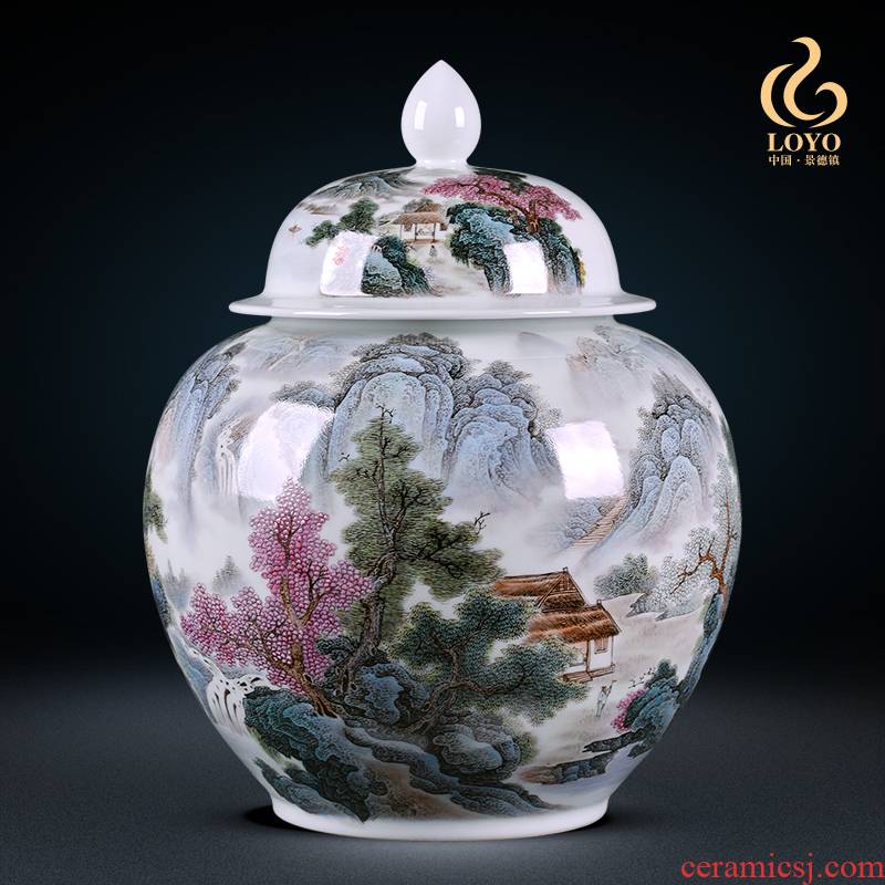 Jingdezhen ceramics general famous hand - made pastel landscape cover pot storage tank decoration of Chinese style household furnishing articles