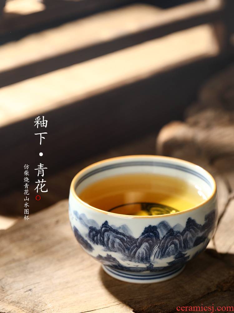 Jingdezhen blue and white ceramic kung fu master cup single cup pure manual teacups hand - made scenery sample tea cup only tea