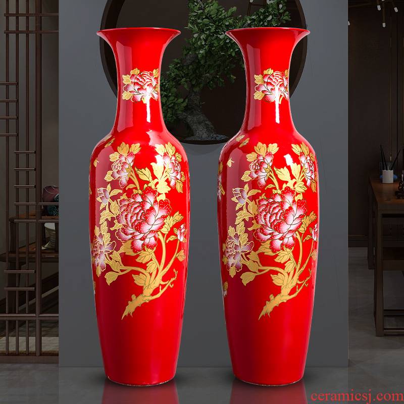 Jingdezhen ceramics China red extra large size vase of new Chinese style household living room hotel ground adornment furnishing articles