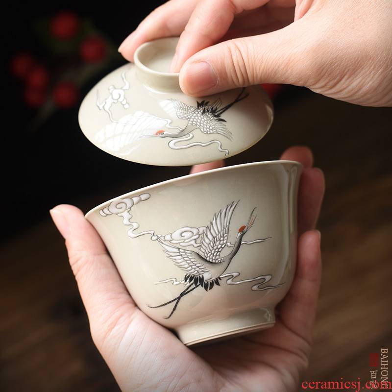 Hundred hong hand - made plant ash small tureen jingdezhen kung fu tea set new see cranes ceramic cups tea bowl