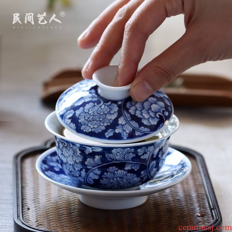 Hand - made tureen of blue and white porcelain of jingdezhen ceramic kung fu tea set three bowl of hot tea cup is no use