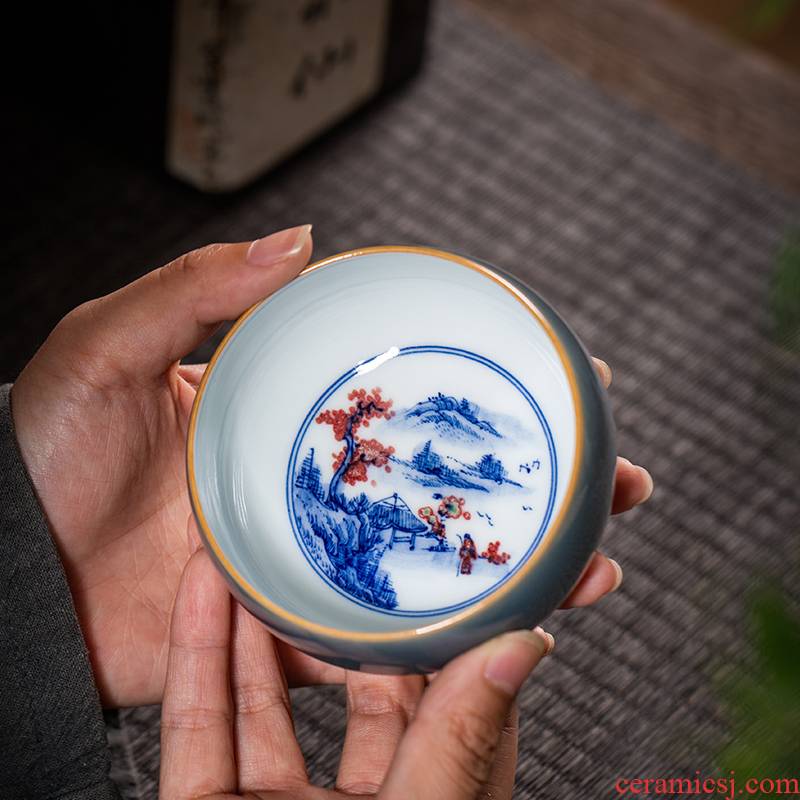 The Owl up jingdezhen tea master cup color blue and white youligong manual hand - made ceramic glaze painting of mountains and waters