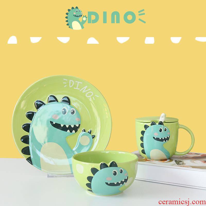 Dinosaur cartoon creative move plate combination suit cellular ceramic web celebrity dishes children breakfast tray