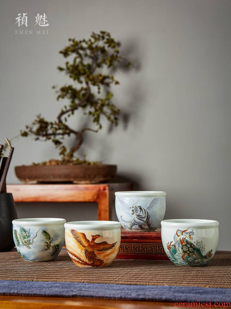 Shot incarnate the four great god beast cylinder cup of jingdezhen ceramic hand - made kung fu tea master cup single CPU individual cup by hand