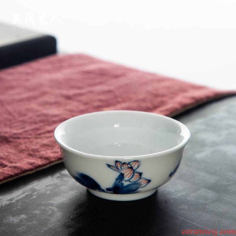Jingdezhen blue and white glaze porcelain hand - made master cup sample tea cup under the color lotus small bowl kung fu tea cup