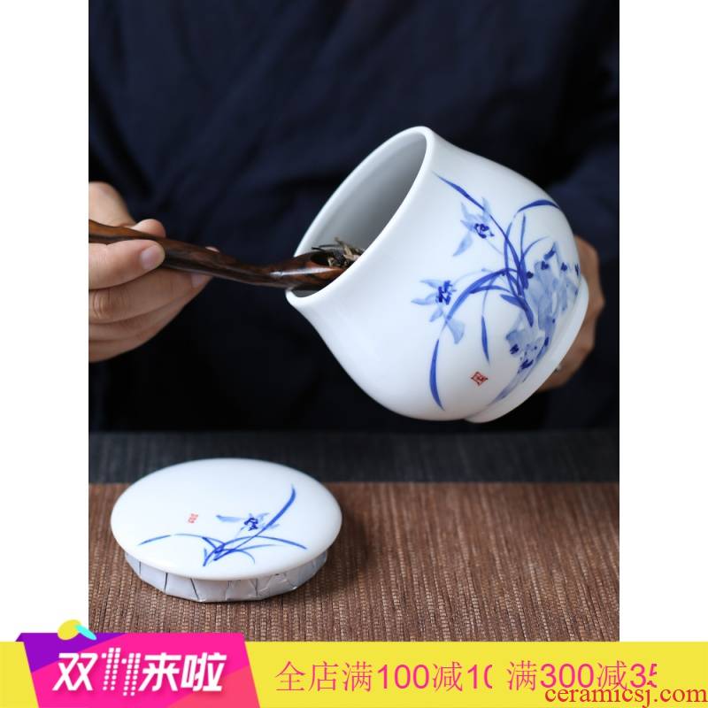 The Poly real scene caddy fixings ceramic seal tank of jingdezhen blue and white porcelain hand draw large storage containers packaging tea