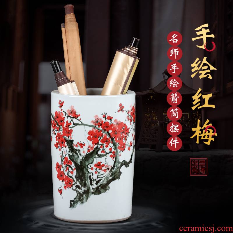 Jingdezhen ceramic vase large hand - made name plum flower painting and calligraphy scrolls cylinder paper receive instrumentation painting bottle of painting and calligraphy