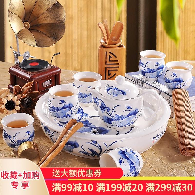 Poly real (blue and white porcelain tea set scene suit household circular contracted jingdezhen ceramic cup teapot a complete set of kung fu