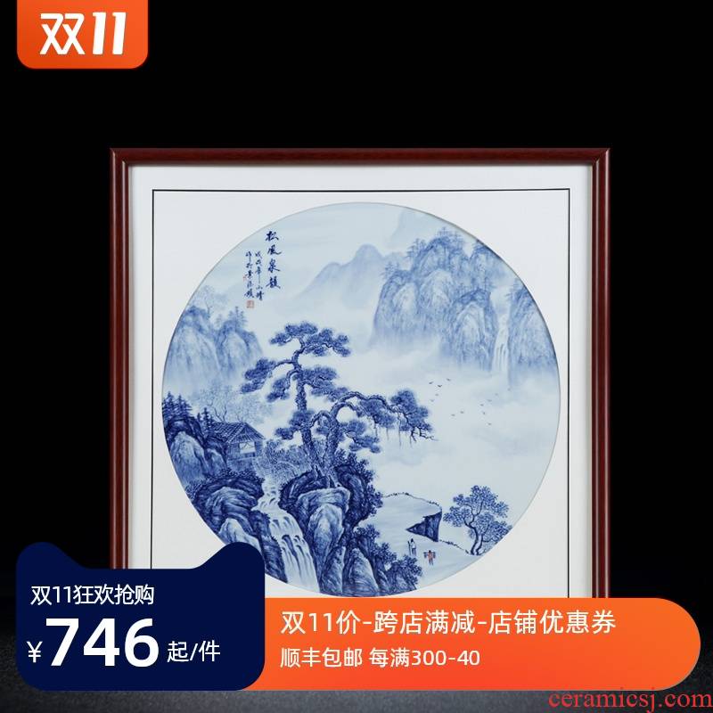 Jingdezhen porcelain plate painting blue and white porcelain plate painting landscape wind stream archaize sitting room adornment picture collection of pictures