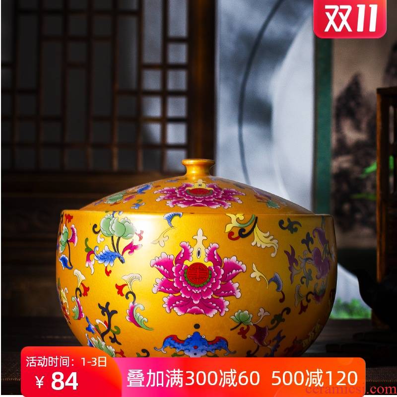Jingdezhen ceramic tea canister barrel with cover household antique Chinese colored enamel sealing cornucopia storage tank