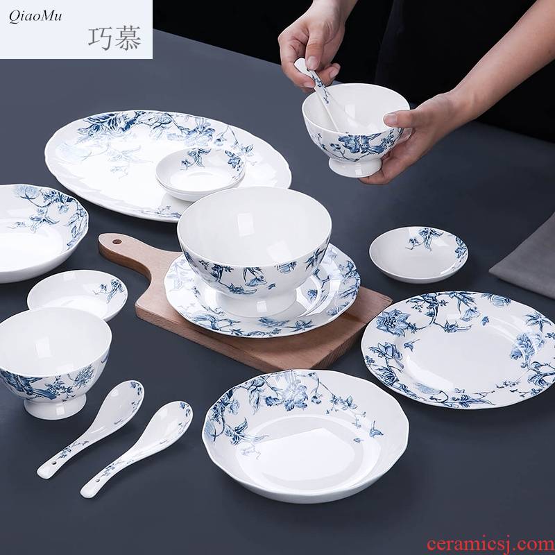 Qiao longed for blue and white porcelain tableware suit household bowls of ipads plate of jingdezhen ceramic dishes suit Chinese use chopsticks