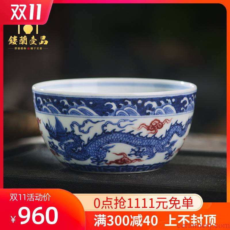 All hand - made ceramics jingdezhen blue and white dragon playing bead masters cup kung fu tea home tea cup to use single CPU