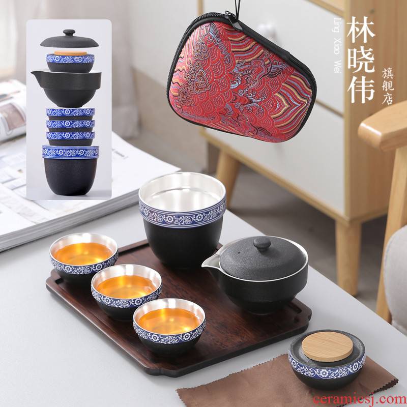 Kung fu tea sets ceramic tea pot teapot Lin Xiaowei travel a pot of three cups of contracted portable crack cup