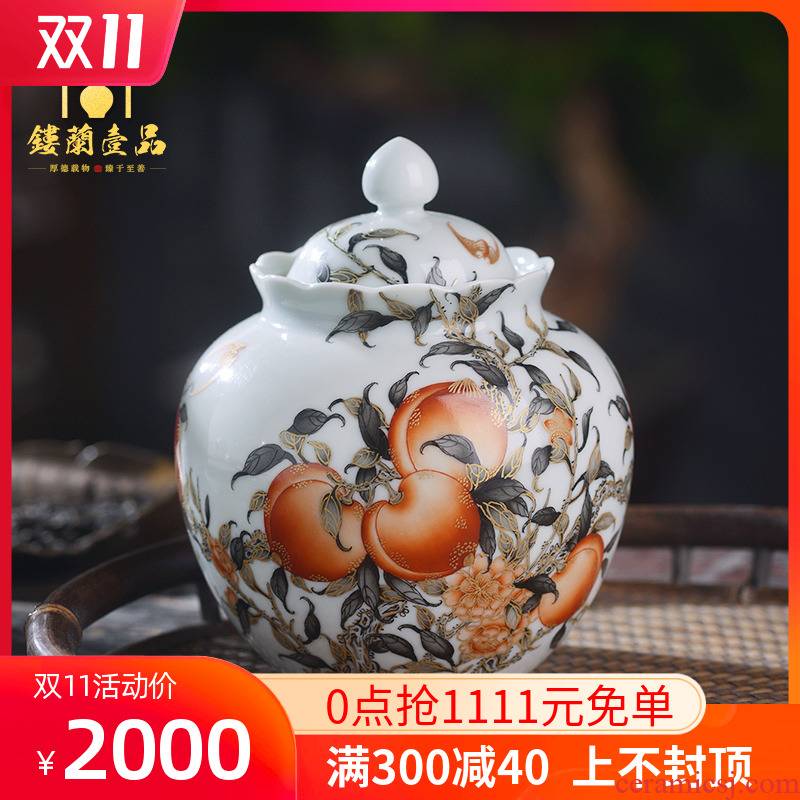 All hand - made paint nine peaches five bats alum red ink in the jingdezhen ceramics kung fu tea caddy fixings holding tank cover tank