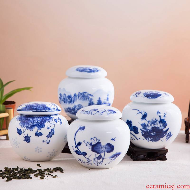 Shadow enjoy ceramic tea pot jingdezhen blue and white porcelain small mini portable circular tanks seal tea storage tanks