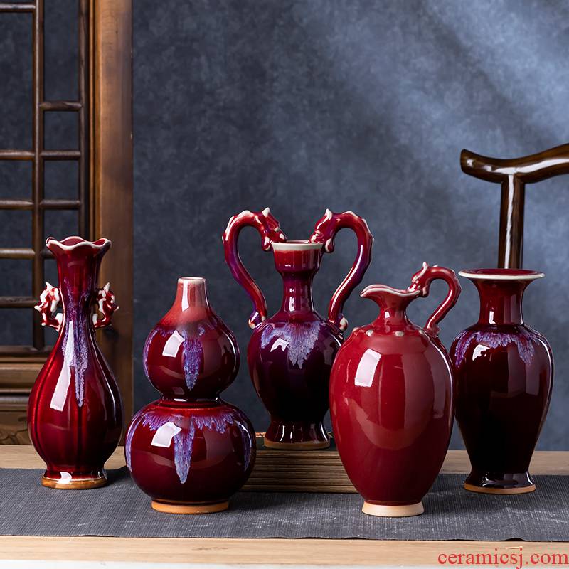 Jingdezhen ceramics jun porcelain antique red flower flower arranging wine bottle of Chinese style living room household adornment furnishing articles