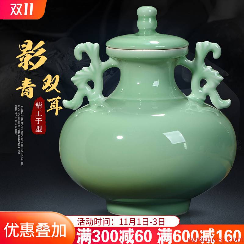 Jingdezhen ceramics by hand shadow blue glaze ears live storage tank craft decoration of Chinese style household furnishing articles