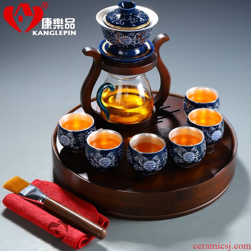 Recreational product ceramic tea set household enamel tasted silver gilding kunfu tea lazy glass tea cup tea tray automatically